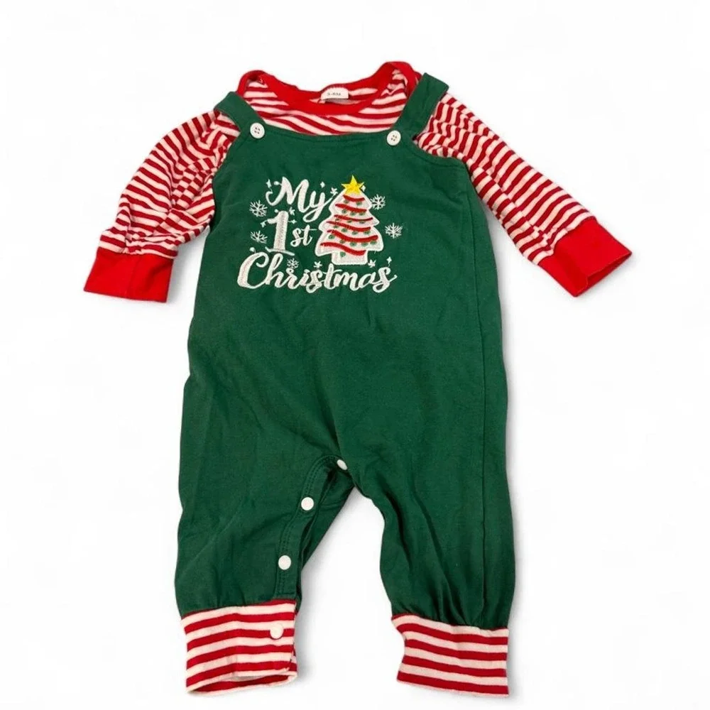 My 1st Christmas Baby Outfit Set Green Overalls Red Striped Bodysuit 3-6M